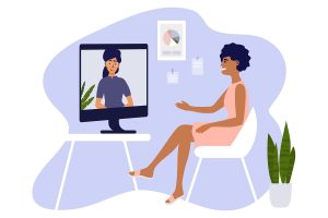 Video call, networking or conference with business partner. Online course, studying or education. Hiring, job interview, employment. Women talk by computer. Home office, work place vector illustration